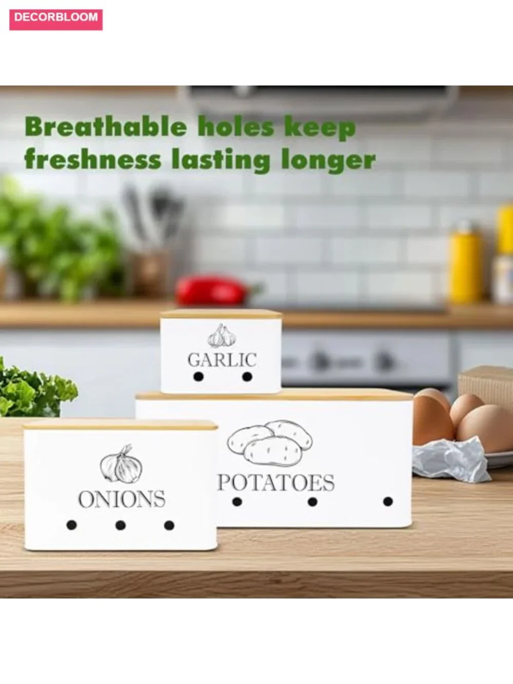 Metal Potato Onion Garlic Storage Set of 3 with Bamboo Lids
